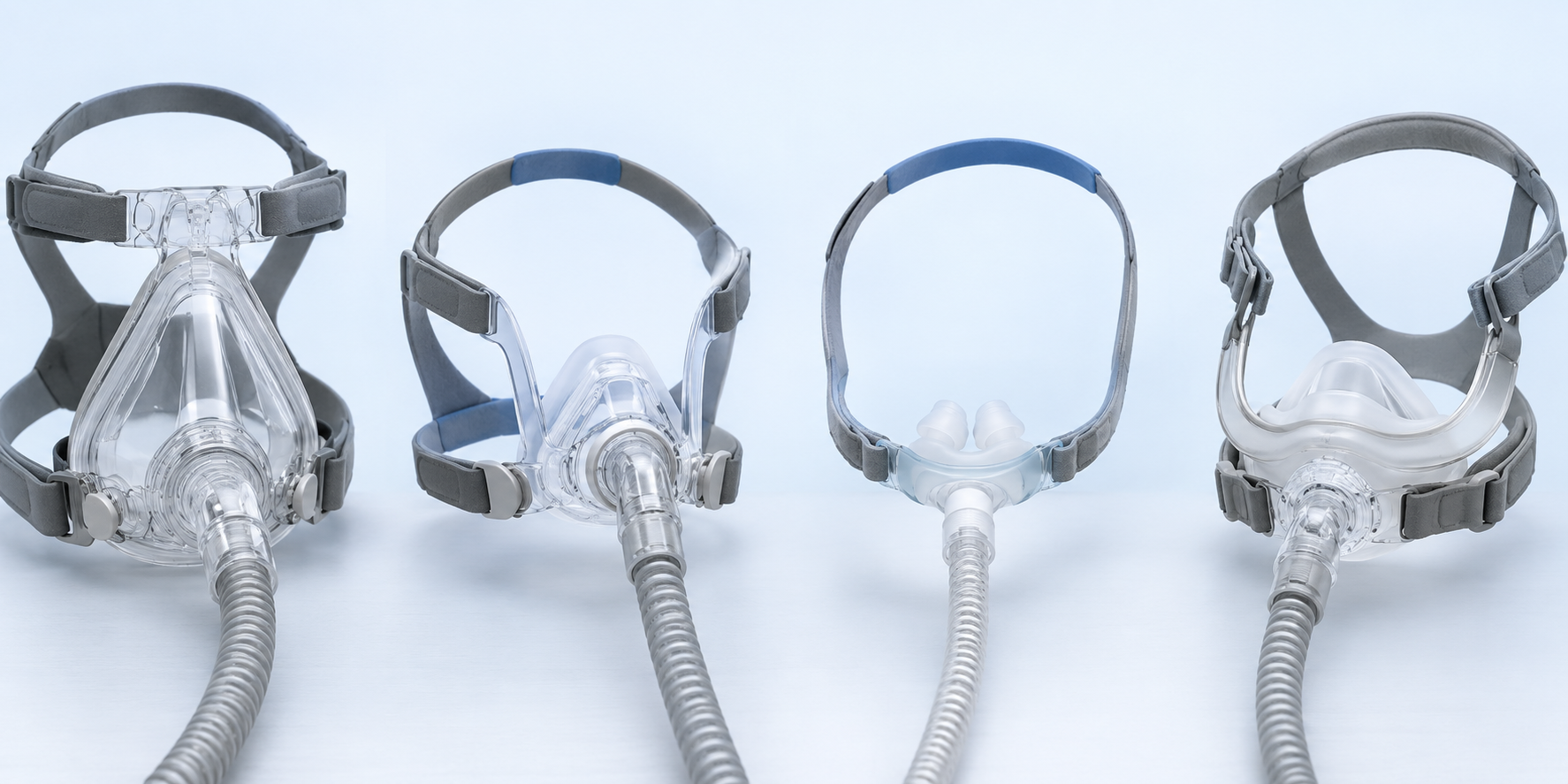 Different types of CPAP masks including full-face, nasal and nasal-pillow designs